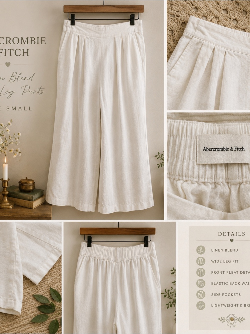 Abercrombie & Fitch White Linen Blend Wide Leg Pants Size Small - Picture 3 of 4